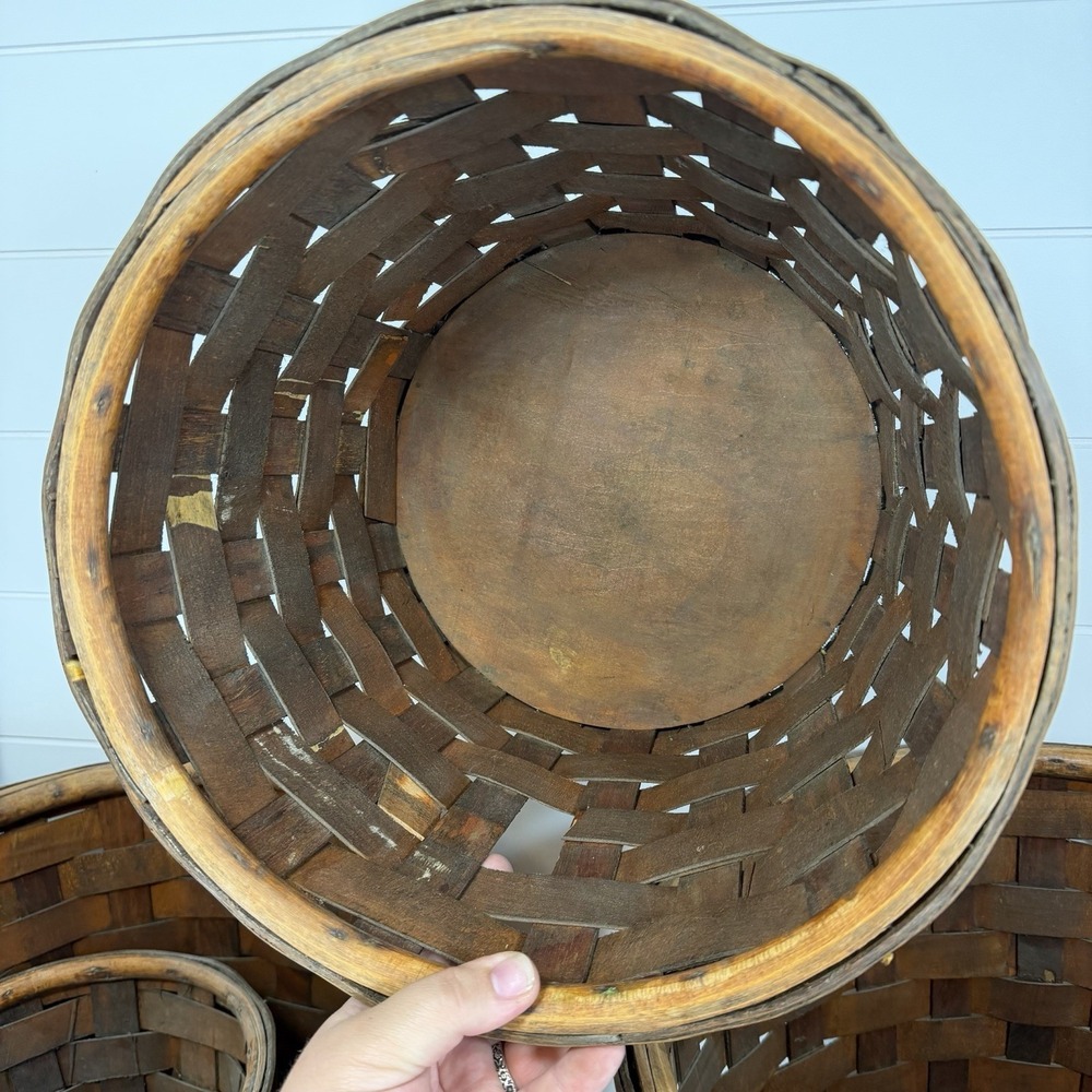 Antique S-XL Nesting Wood Splint Baskets *Flaws* Dark Woven Slats With Tacks - Picture 11 of 16